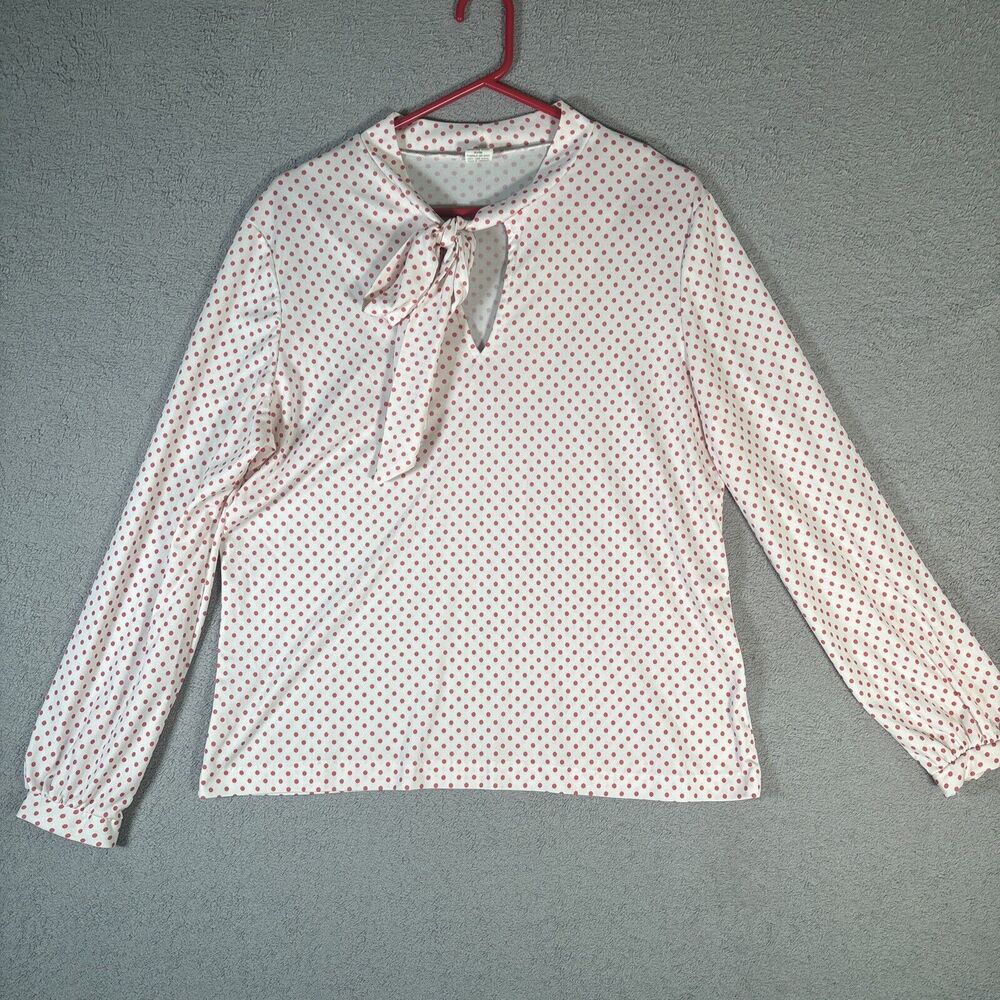 Vintage Women's White With Red Polka Dots Long Sleeve‎ Tie Neck Blouse No Tag
